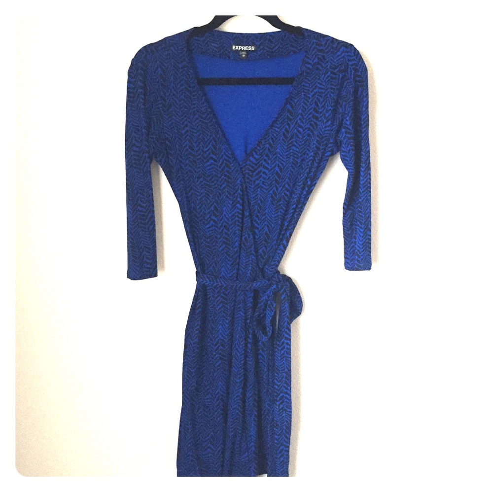 Express Blue and Black Pattern Wrap Around Dress